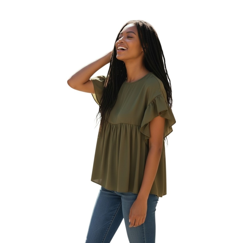 Asos Babydoll Top Women's Size 00 Olive Green Ruffled Cap Sleeve Boho Chic Top